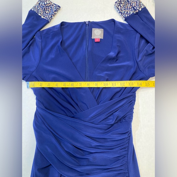 Vince Camuto Size 4 Long-Sleeve Embellished Faux-Wrap Gown in Royal Blue - Picture 10 of 13